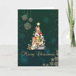 Cartes Pour Fêtes Annuelles Vert élégant, sapin de chat, flocons de neige 