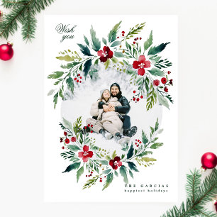 Cartes Pour Fêtes Annuelles vert moderne grande couronne une photo joyeux noël