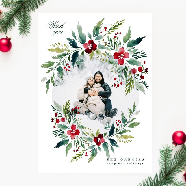 Cartes Pour Fêtes Annuelles vert moderne grande couronne une photo joyeux noël (Créateur téléchargé)