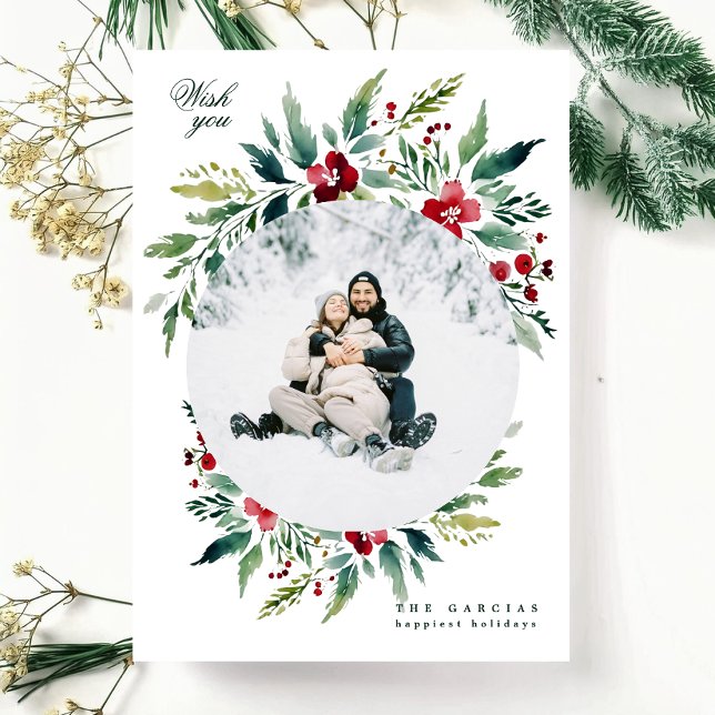 Cartes Pour Fêtes Annuelles vert moderne grande couronne une photo joyeux noël (Créateur téléchargé)