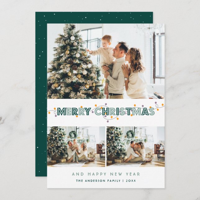 Cartes Pour Fêtes Annuelles Vert Noël Lumières Neige 3 Photo Collage (Devant / Derrière)