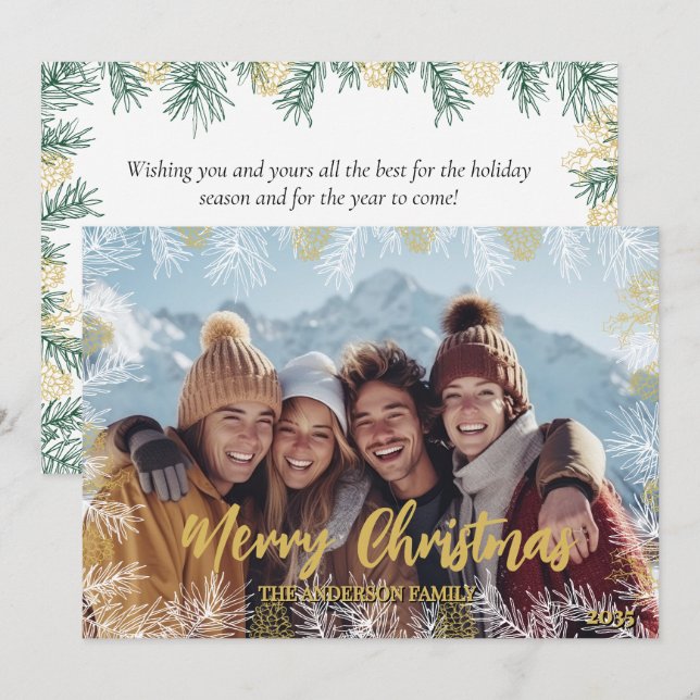 Cartes Pour Fêtes Annuelles Vert or Blanc moderne photo botanique Noël (Devant / Derrière)