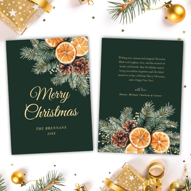 Cartes Pour Fêtes Annuelles Vert Orange Élégant Citrus Noël (Green Orange Elegant Citrus Christmas Holiday Card)