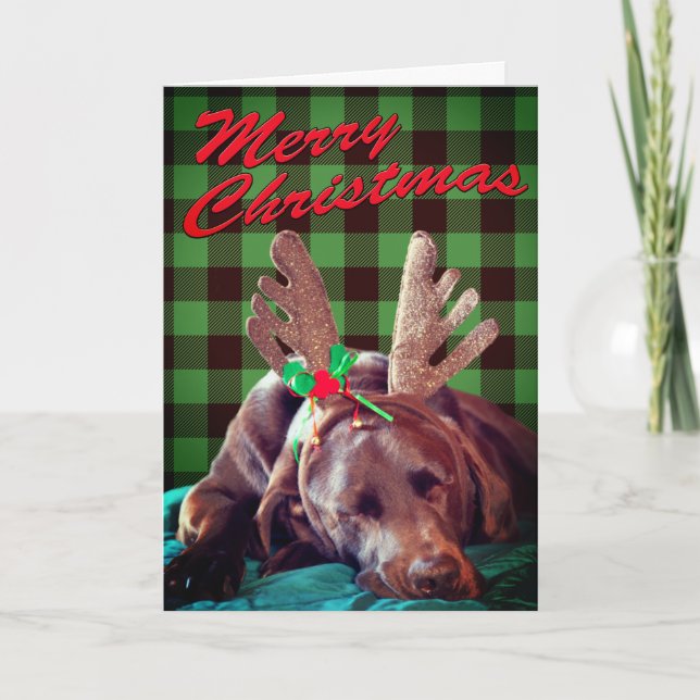 Cartes Pour Fêtes Annuelles Vert Plaid Labrador Portant Des Antlers Photo Cust (Devant)