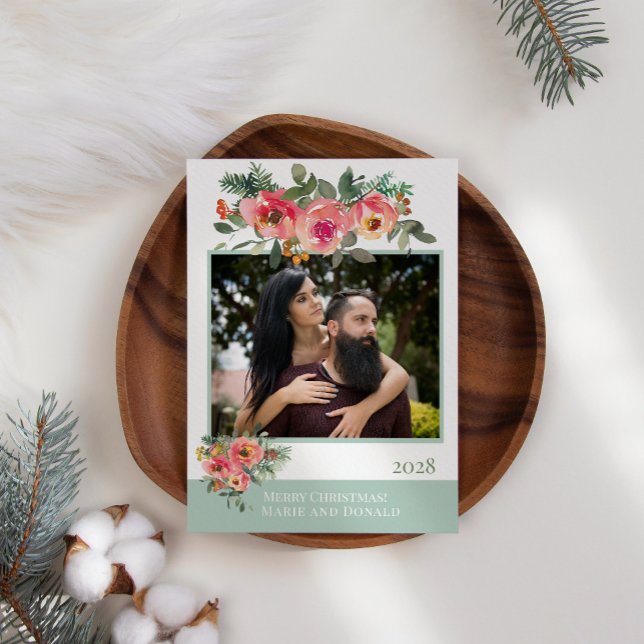 Cartes Pour Fêtes Annuelles Vert Rouge Floral Ajoutez Votre Propre Photo Noël (Créateur téléchargé)