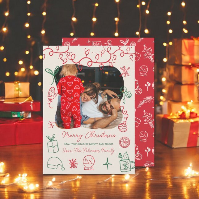 Cartes Pour Fêtes Annuelles Vert rouge irrégulier illustration amusant photo N (Quirky red green illustration fun photo Christmas Holiday Card)