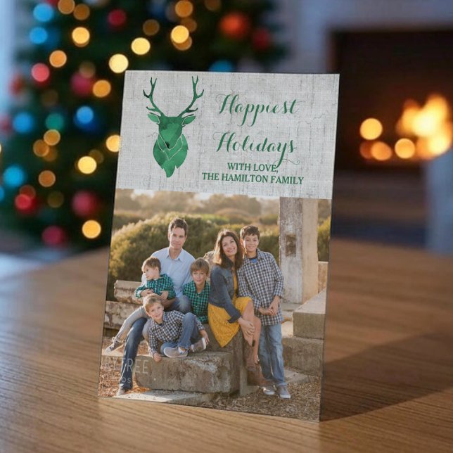 Cartes Pour Fêtes Annuelles Vert Russe Aquarelle Cerf Vacances Photo Apparteme (Green Rustic Watercolor Reindeer Holiday Photo Card)