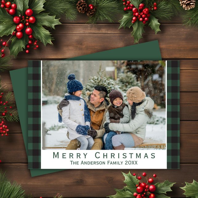 Cartes Pour Fêtes Annuelles Vert rustique plaid buffle de Noël photo joyeux No (Rustic Green Buffalo Plaid Merry Christmas Photo Holiday Card)