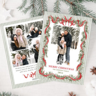 Cartes Pour Fêtes Annuelles Vert sauge à rayures rouge à noeud Noël 5 Photo