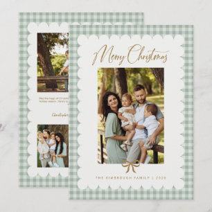 Cartes Pour Fêtes Annuelles Vert sauge rétro dentelé gingham photo Noël