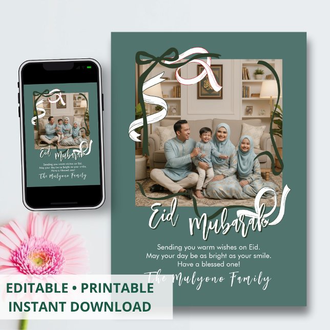Cartes Pour Fêtes Annuelles Vert sauge Ruban moderne Photo de famille Eid Moub (Créateur téléchargé)