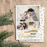 Cartes Pour Fêtes Annuelles Very Merry Christmas Script 3 photo<br><div class="desc">Cartes photos de Noël imprimées sur mesure et abordables avec un simple modèle do-it-yourself pour la personnalisation. Ce design amusant présente une typographie fantaisiste en feuille verte et fausse feuille d'or. Le message disait : "Je vous souhaite un très joyeux Noël". Le modèle dispose d'un espace pour 3 photos de...</div>