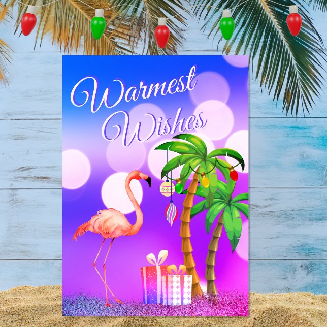Cartes Pour Fêtes Annuelles Veux les plus chauds Flamant rose Plage tropicale  (Front - Warmest Wishes Flamingo Tropical Beach Christmas Holiday Card)