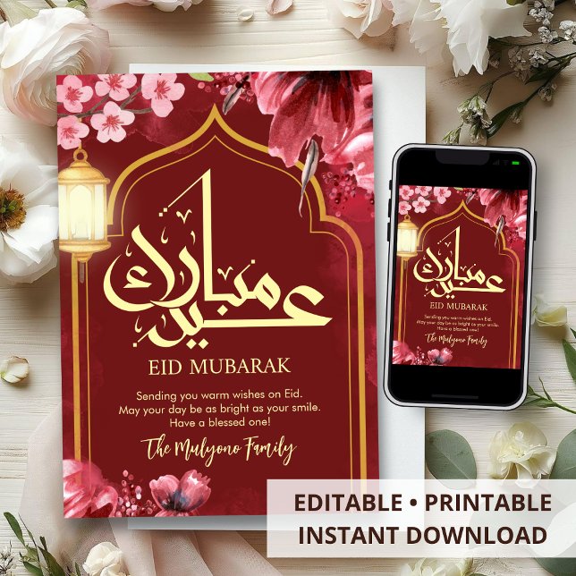 Cartes Pour Fêtes Annuelles Vibrant Pink Floral Watercolor Lantern Eid Mubarak (Créateur téléchargé)