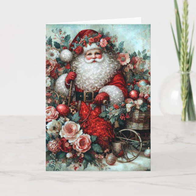 Cartes Pour Fêtes Annuelles Vibrant Rustic Floral Vintage Santa (Devant)