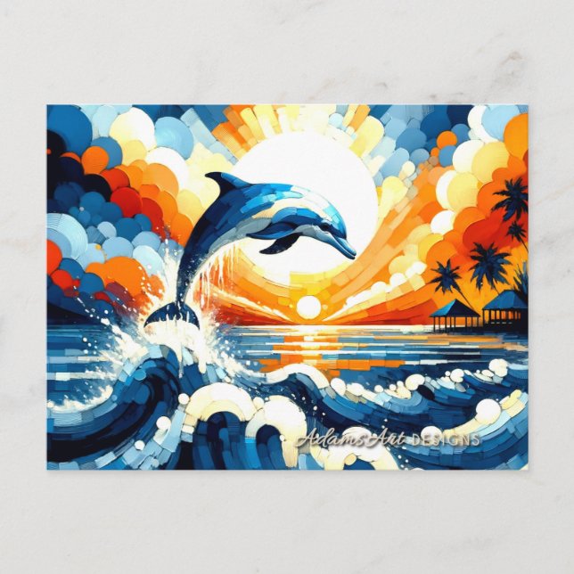 Cartes Pour Fêtes Annuelles Vibrant Tropical Dolphin Sunset Ocean Art (Devant)