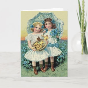 Cartes Pour Fêtes Annuelles Victorian Girls Easter Chick Oubliez-Moi Pas Umbre