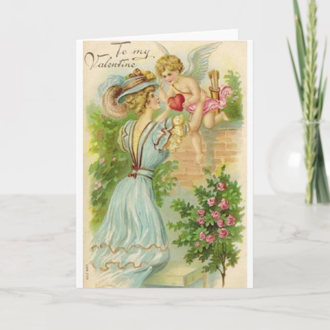 Cartes Pour Fêtes Annuelles Victorian Woman et Cupid Valentine's Day Card (Devant)