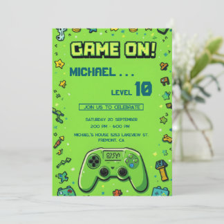 Cartes Pour Fêtes Annuelles Vidéo Jeu Green Anniversaire de enfant Party Invit
