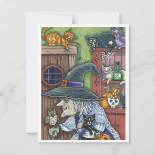 CARTES POUR FÊTES ANNUELLES VIEILLE SORCIÈRE MAISON HEUREUSE, BEAUCOUP DE CHAT