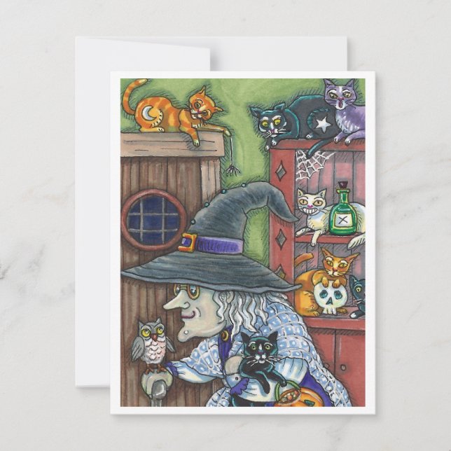 CARTES POUR FÊTES ANNUELLES VIEILLE WITCH HAPPY HOME, BEAUCOUP DE CHATS & OWL  (Devant)
