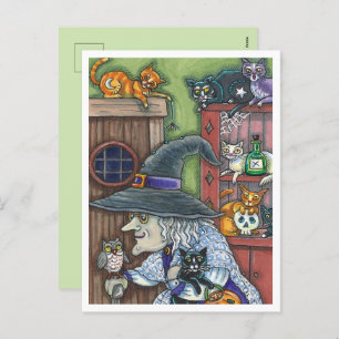 CARTES POUR FÊTES ANNUELLES VIEILLE WITCH HAPPY HOME, BEAUCOUP DE CHATS & OWL