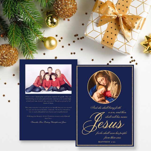 Cartes Pour Fêtes Annuelles Vierge catholique et famille enfant Noël (Religious Christmas card for Catholics with Madonna and Child in midnight blue and gold)