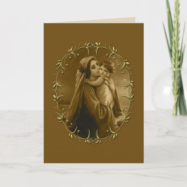 Cartes Pour Fêtes Annuelles Vierge Marie avec Enfant Jésus, Gold Border Design (Devant)