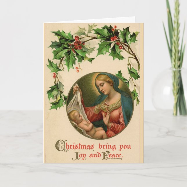 Cartes Pour Fêtes Annuelles Vierge Marie Bébé Jésus Holly Ivy Religieux (Devant)