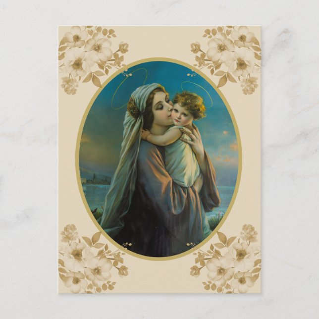 Cartes Pour Fêtes Annuelles Vierge Marie et Bébé Jésus avec Roses (Devant)