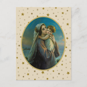 Cartes Pour Fêtes Annuelles Vierge Marie et bébé Jésus sur Arrière - plan étoi