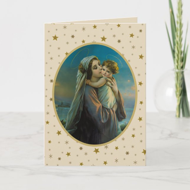 Cartes Pour Fêtes Annuelles Vierge Marie et Enfant Jésus sur fond étoilé (Devant)