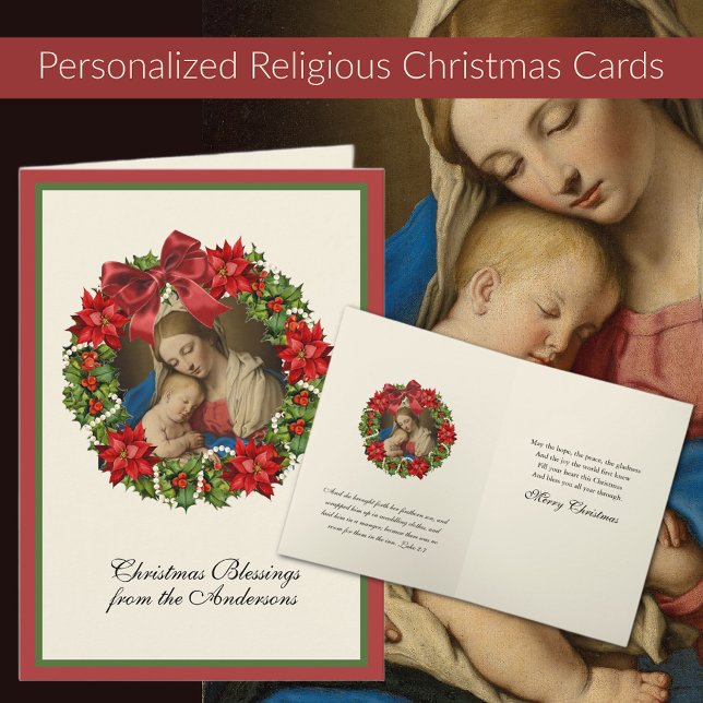 Cartes Pour Fêtes Annuelles Vierge Marie Jésus Écriture florale de Noël (Traditional Religious Vintage Christmas Cards with Madonna and Child  Easy to personalize!)