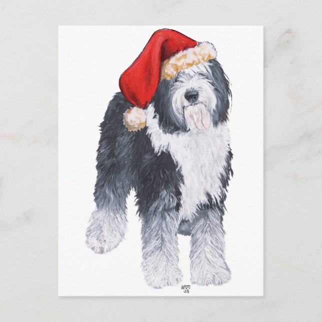Cartes Pour Fêtes Annuelles Vieux anglais Sheepdog Santa Hat (Devant)
