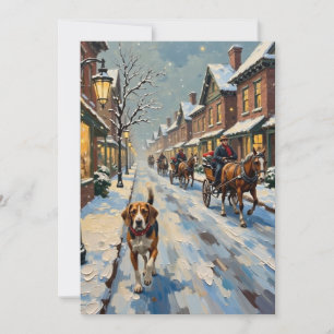 Cartes Pour Fêtes Annuelles Vieux Beagle dans une rue victorienne enneigée à N