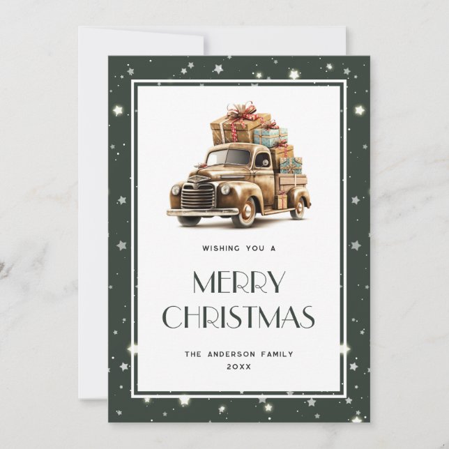Cartes Pour Fêtes Annuelles Vieux Camion Cadeaux Neige Étoiles Joyeux Noël Car (Devant)