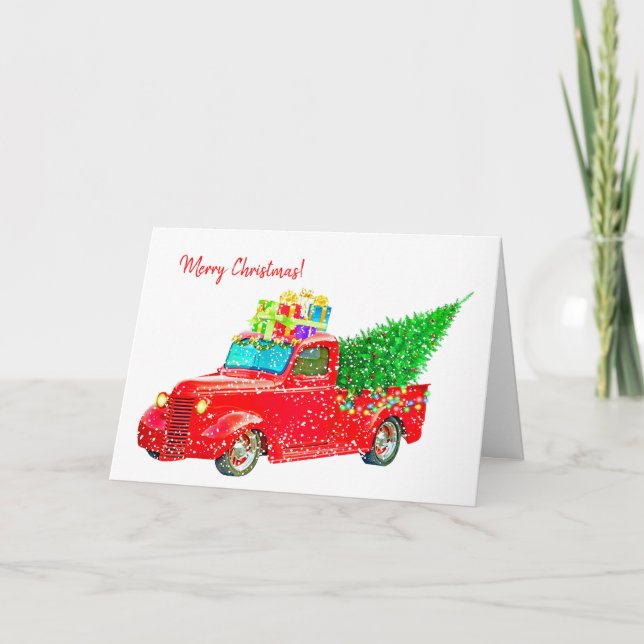 Cartes Pour Fêtes Annuelles Vieux Camion rouge avec arbre de Noël et cadeaux (Devant)
