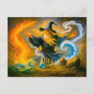 Cartes Pour Fêtes Annuelles Vieux mage maîtrisant les quatre éléments à l'huil