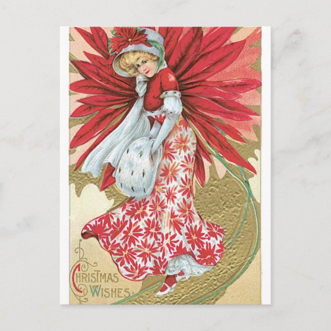Cartes Pour Fêtes Annuelles Vieux mode Noël Poinsettia dame (Devant)
