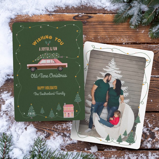 Cartes Pour Fêtes Annuelles Vieux Noël Rose Retro Arbre voiture photo (Fun Old-Time Christmas Pink Retro Car Tree Photo Holiday Card)