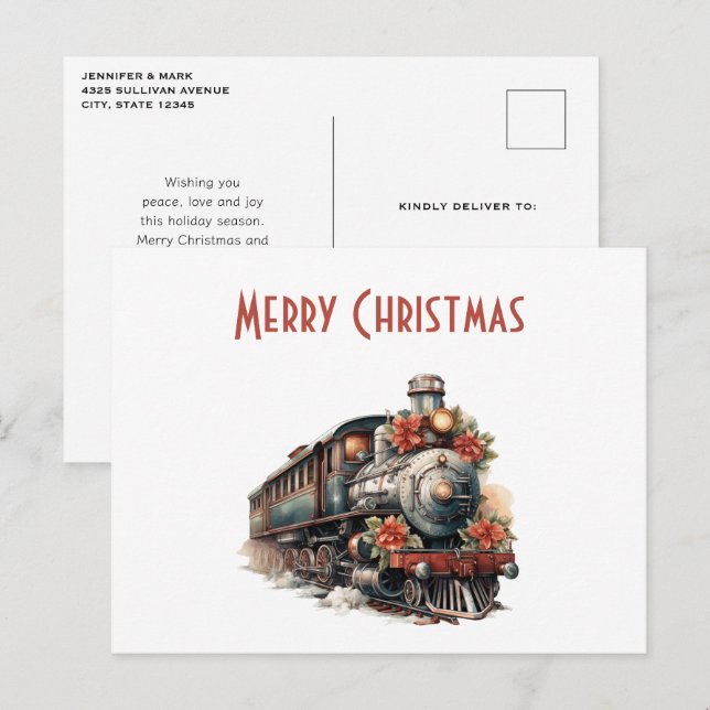 Cartes Pour Fêtes Annuelles Vieux train Rétro Noël (Devant / Derrière)