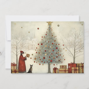 Cartes Pour Fêtes Annuelles Village Christmas Tree et un chat