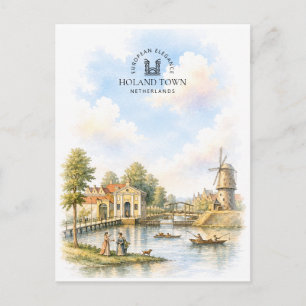 Cartes Pour Fêtes Annuelles Village de Hollande, Paysage aquarelle néerlandais