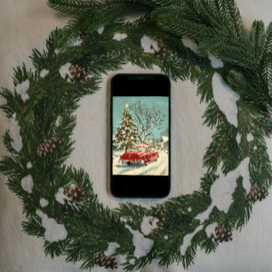Cartes Pour Fêtes Annuelles Village de l'arbre de Noël avec voiture rouge vint