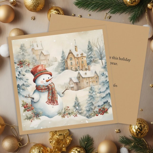 Cartes Pour Fêtes Annuelles Village de neige bonhomme de neige Noël vacances (Vintage snowman square Christmas greeting card)