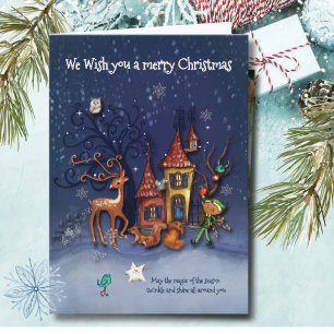 Cartes Pour Fêtes Annuelles Village de Noël enneigé magique   Lutin et renne