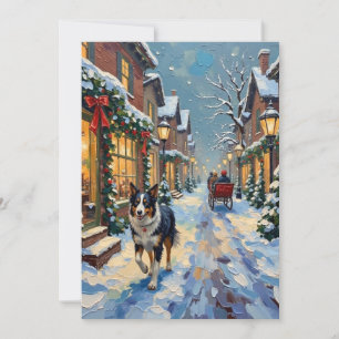 Cartes Pour Fêtes Annuelles Village de Noël enneigé vintage avec Border Collie