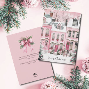 Cartes Pour Fêtes Annuelles Village de Noël non photo à l'aquarelle rose scrip
