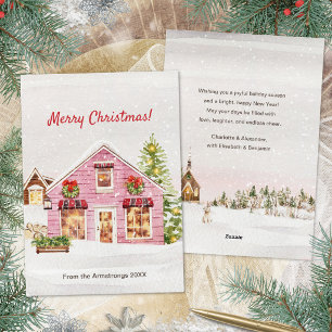 Cartes Pour Fêtes Annuelles Village de Noël rose aquarelle Hygge Noël