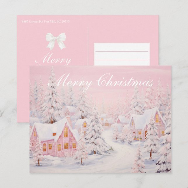 Cartes Pour Fêtes Annuelles Village de Noël rose de Preppy (Devant / Derrière)